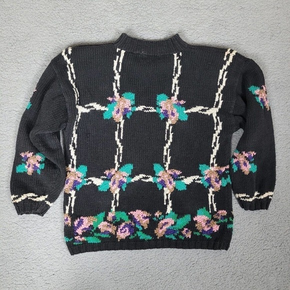 Black VTG Sweater Womens Large Grannycore Grandmacore Floral Hand Knit 80s - Picture 2 of 5